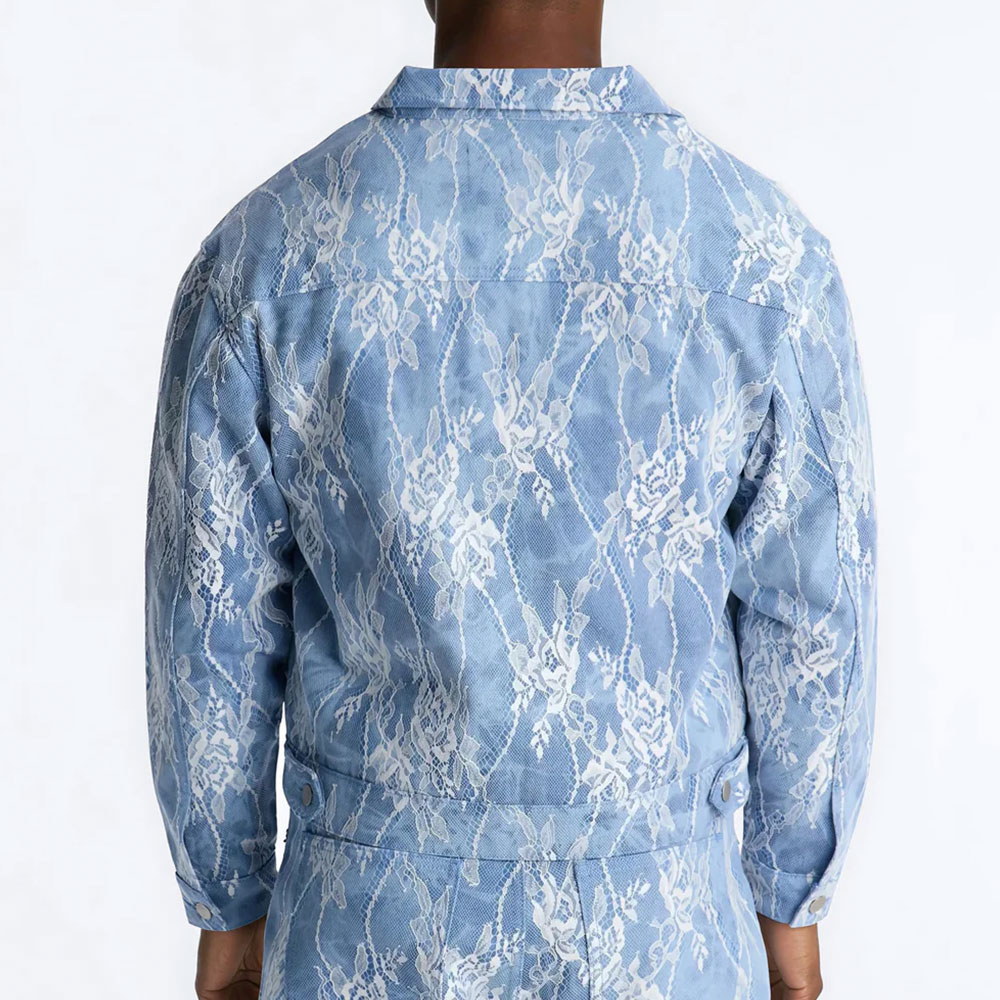 Lace Overlay Zip Denim Jacket - Medium Blue Wash - Image 2